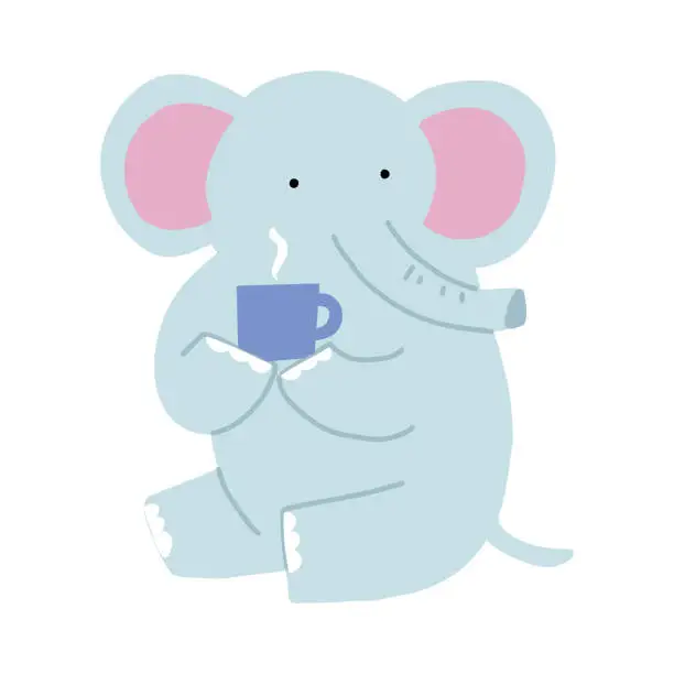 Vector illustration of Vector illustration of an elephant holding a mug of hot drink.