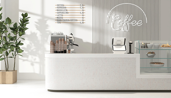 Modern luxury design cafe, mosaic tile white round corner counter, cake display, espresso machine, cash register, tree, digital cash register in sunlight for contactless payment technology, food and drink, interior design decoration background 3D