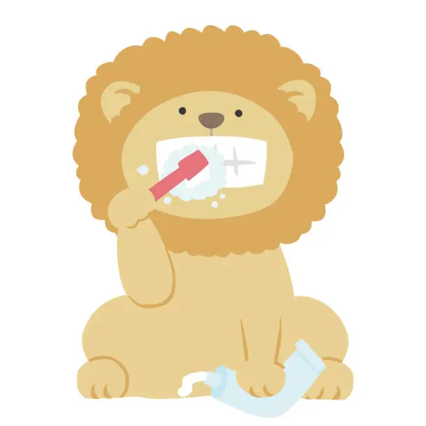 Vector illustration of Vector illustration of a lion brushing its teeth Dental care