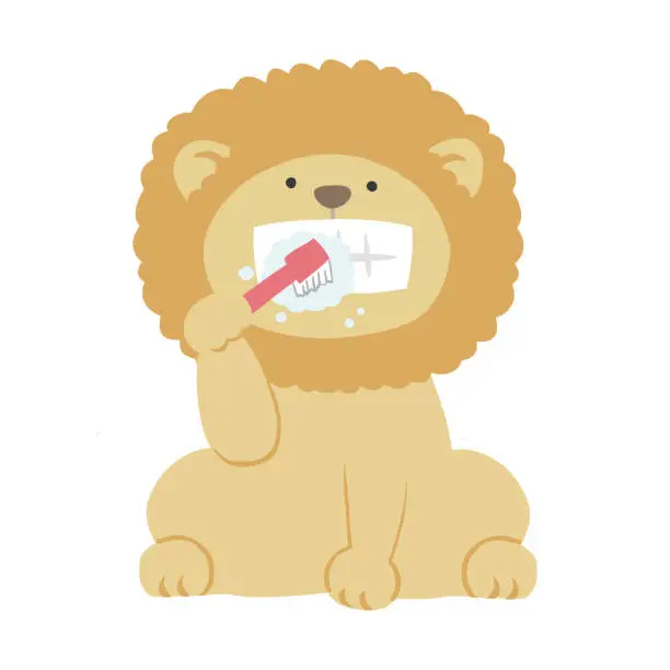Vector illustration of Vector illustration of a lion brushing its teeth Dental care