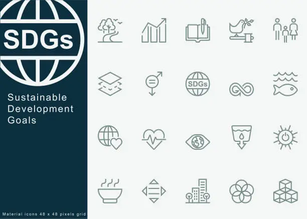 Vector illustration of Sustainable Development Goals, SDGs, ESG, 17 goals, Developed in cooperation with UN system, The 2030 Agenda for sustainable development, Globe, Environmental technology. For Mobile and Web.Line Icons