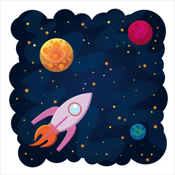 Vector illustration of Space background with rocket and planets. Vector space background