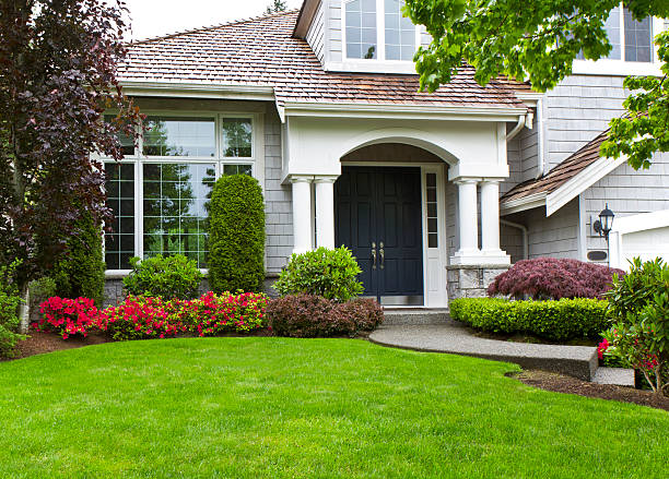 Front yard of modern house in spring stock photo
