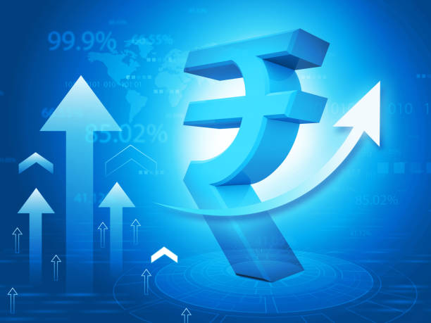 istock Indian rupee symbol with growth arrow on financial background 1602600489