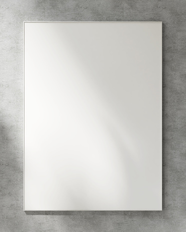 Blank large white photo poster wooden frame on gray stucco concrete wall in sunlight, leaf shadow for minimal, elegant, luxury, modern art, mural, painting template background 3D