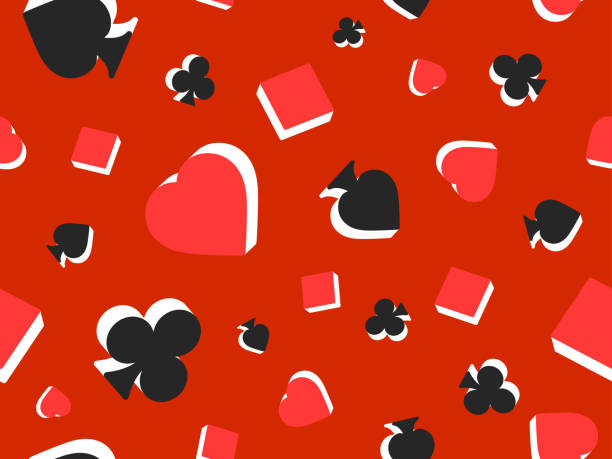 istock Seamless pattern with card suits: diamonds, hearts, clubs, spades in 3d style. Isometric 3d card suit symbols on red background. Design of printing, advertising and banners. Vector illustration 1602611404