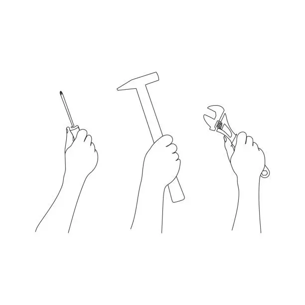 Vector illustration of Human hands hold repair tools. Line art.