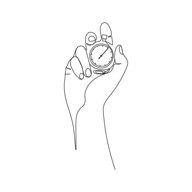 Vector illustration of Human hand holding stopwatch. Line art.