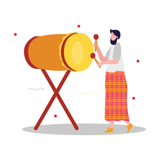 Vector illustration of Mosque drum muslim religion culture instrument greeting invitation to prayer spiritual belief with beard man wearing clothes and sarong