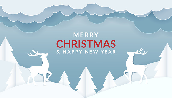 Winter landscape with deer paper cut-out and fir trees in snow. Festive horizontal banner with text Merry Christmas. Paper clouds and snowdrifts. Vector