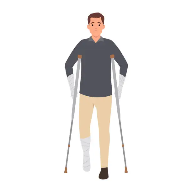 Vector illustration of Ill man with bandages on hands and head uses walking aids after being involved in car accident. Guy injured in car accident needs long-term treatment