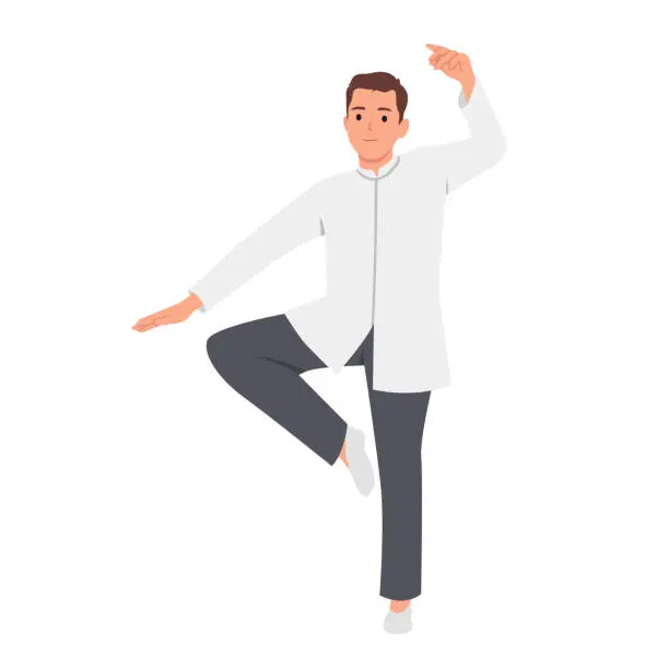 Vector illustration of Master tai chi performs warm-up before the performance