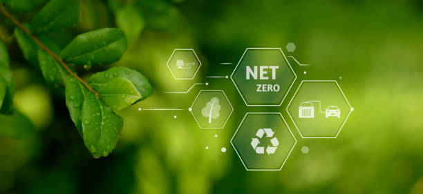 istock Neutral and net zero fresh air concept natural environment Climate-neutral long-term strategy Emissions target with green mesh icon centered on hand cover and green background. 1602660927
