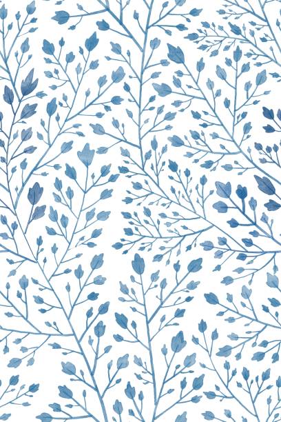 handgezeichnetes aquarellblumenmuster in monochromem blau auf weißem hintergrund, nahtloses muster indigo-kobalt. - floral pattern decor art backgrounds stock-grafiken, -clipart, -cartoons und -symbole