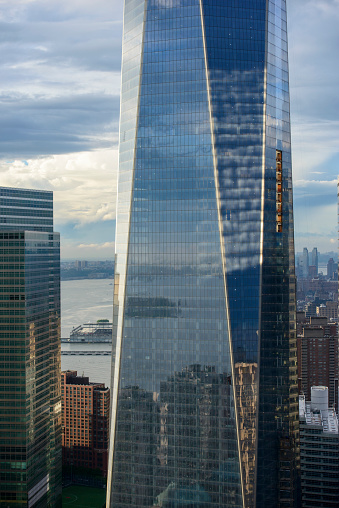 Detailed view of lower Manhattan skyscrapers and one world trade center, New York City, USA, The photo was taken from the roof of a skyscraper on Fulton Street