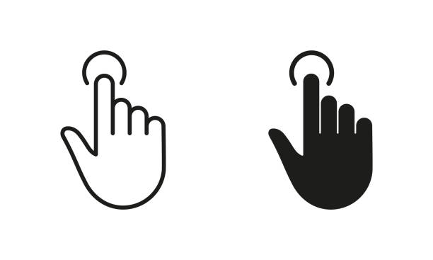 ilustrații de stoc cu faceți clic pe gest, cursor de mână al liniei mouse-ului computerului și set de pictograme siluetă. indicator deget de presă sau pictograma punct. trageți cu degetul, atingeți colectare semne pe fundal alb. ilustrație vectorială izolată - deget de la mână