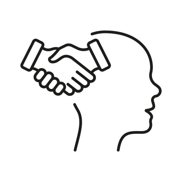 ilustrações de stock, clip art, desenhos animados e ícones de empathy concept line icon. agreement handshake, human head linear pictogram. mental health outline sign. intellectual process, emotional solace symbol. editable stroke. isolated vector illustration - solace