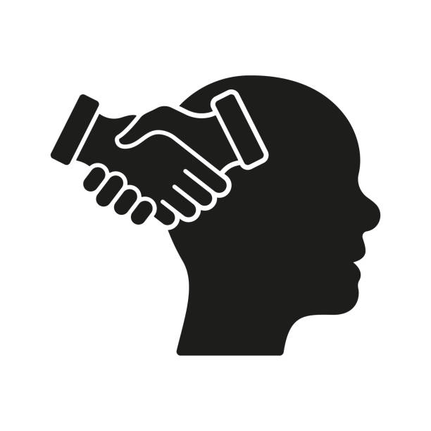 ilustrações de stock, clip art, desenhos animados e ícones de empathy and compassion silhouette icon. human head and agreement handshake glyph pictogram. solidarity, emotional solace solid sign. intellectual process symbol. isolated vector illustration - solace