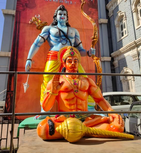 Idols of Hindu Gods Rama and Hanuman Idols of Hindu Gods Rama and Hanuman in Sri Rama Shobha Yatra or procession on Navami or the birthday of God Pune, Maharashtra, India March, 30, 2023 ramayana stock pictures, royalty-free photos & images