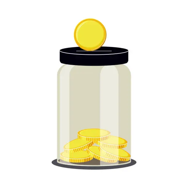 Vector illustration of Money box. Glass jar with gold coins isolated on white background. Vector.