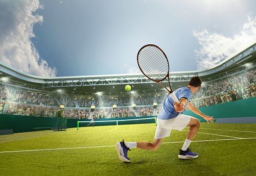 Competitive man, professional tennis player serving ball with racket on 3d render court. Open air sports arena. Concept of professional sport, game, match, competition, hobby, ad