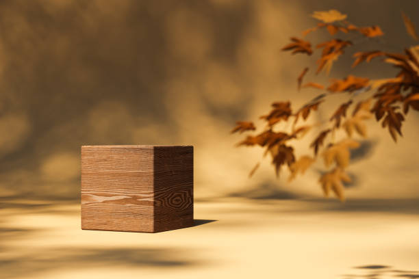 istock Cube shaped wooden side table on surface with autumn leaves in light 1602691974