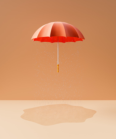3d rendering of open red umbrella with yellow handle flying in air with shadow on pink floor against brown background during autumn season