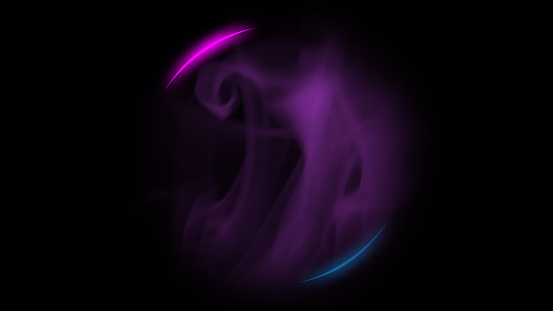 Neon light sphere. Smoke bubble. Esoteric crystal ball. Blur purple color vapor in blue pink glowing round frame on dark black empty space abstract background.