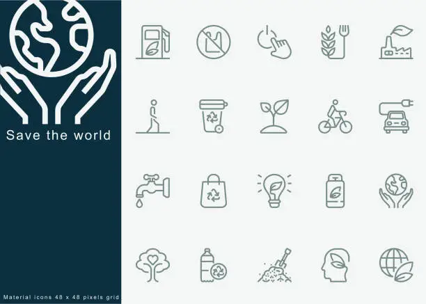 Vector illustration of Save the world, Water, Car-conscious, Walk, Bike, Transit, Reduce, Reuse, Recycle, LEDs, Composting, Energy Wise, Eat, Sustainable Foods, Plant a Tree, Give Up Plastics. For Mobile and Web.Line Icons