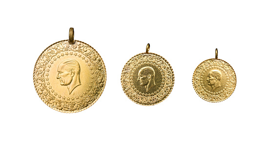 full, half and quarter Turkish gold coins side by side on a white background