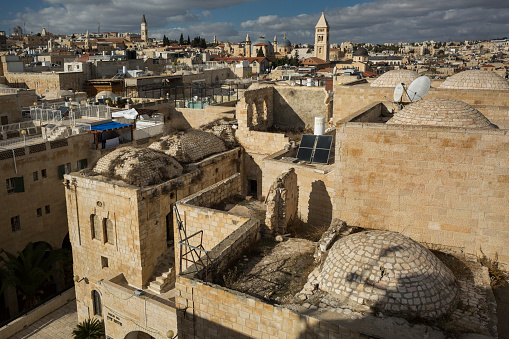 Panoramic aerial view of the roofs and terraces of the buildings of the Jewish Quarter in the Old City of Jerusalem