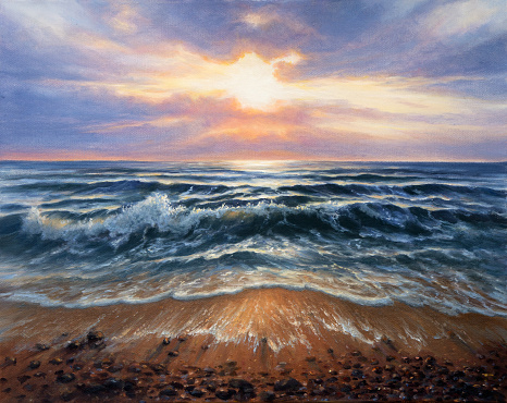 Original  oil painting of beautiful golden sunset over ocean beach on canvas.Modern Impressionism, modernism,marinism