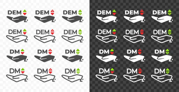 Vector illustration of Hand and Deutsche Mark, DEM with up and down arrow currency exchange rate vector design. Foreign currencies and exchange rates value graphic design. Currency trade chart icons
