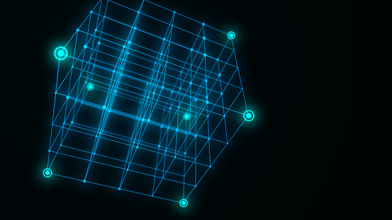 Abstract blue sci-fi cube with particle and line with digital indicators. Technology network connection on world. Global digital connections ai. Wireframe cube. Blockchain encryption. 3D rendering.