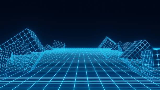 istock Abstract technology perspective grid with protruding cubes. Detailed wireframe landscape with blue lines on background. Digital space with mesh and geometric shapes. 3d rendering. 1602742704