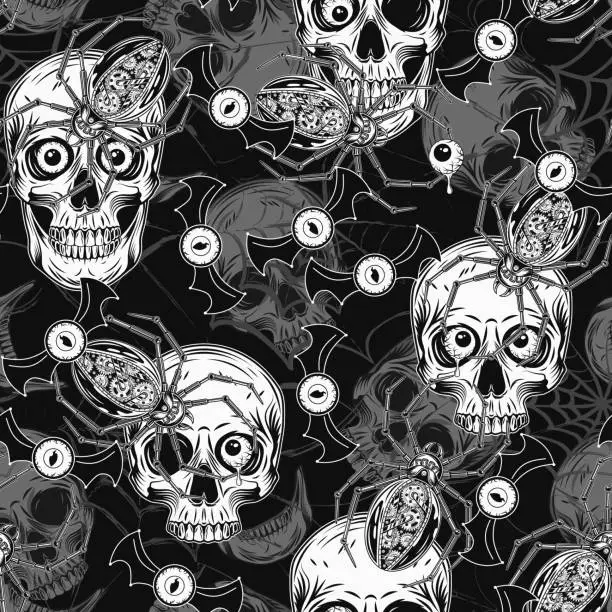 Vector illustration of Halloween monochrome pattern with flying eye monsters, skull with red eyeballs, crawling robot spiders, grunge distorted silhouette of spider web. Freaky, creepy, spooky illustration in vintage style