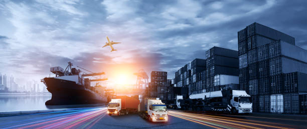 istock Logistics and transportation of Container Cargo ship and Cargo plane with working crane bridge in shipyard at sunrise, logistic import export and transport industry background 1602754960
