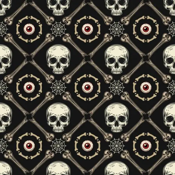 Vector illustration of Geometric halloween pattern with square grid with rhombus cells, broken bones, half skull without jaw, human red eyeball, spider web on dark background. Classic grid pattern. Vintage style.