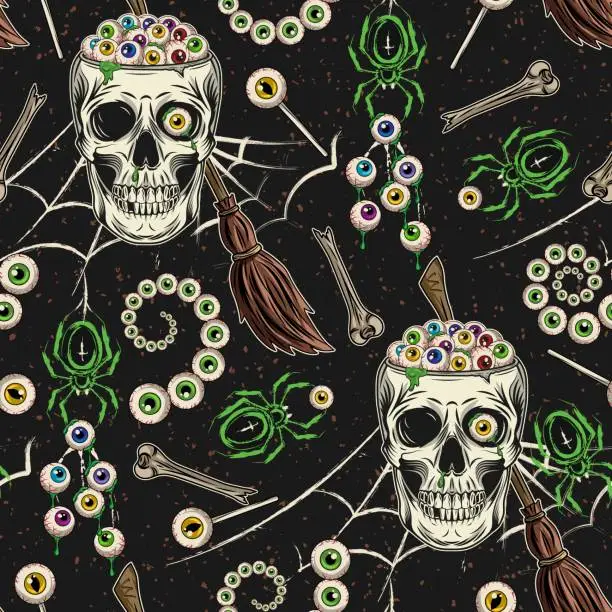 Vector illustration of Seamless pattern with brooms, grunge silhouette of spider, spider web, bones, fractal spirals of eyeballs, skull without top full of colorful eyes. Freaky, creepy illustration for Halloween holiday