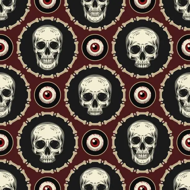 Vector illustration of Geometric halloween pattern with circles, bones, human skulls, red eyeballs. Staggered arrangement of elements. Creepy scary illustration in vintage style.