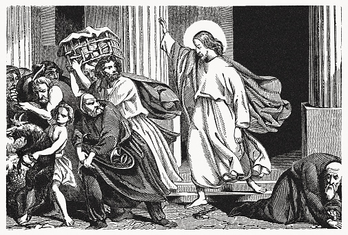 Jesus cleanses the temple and drives out the merchants (Mark 11, 15 - 17). Wood engraving, published in 1837.