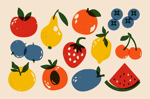 Retro fruits and berries. Cartoon natural elements screen printing effect, linocut garden plants. Vector set