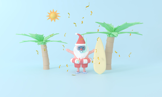 Experience a delightful 3D rendering Santa Claus in a diving suit, capturing the pastel magic of holiday surf travel with a view of coconut trees, sunlight, and beach. Embrace the joy of summer