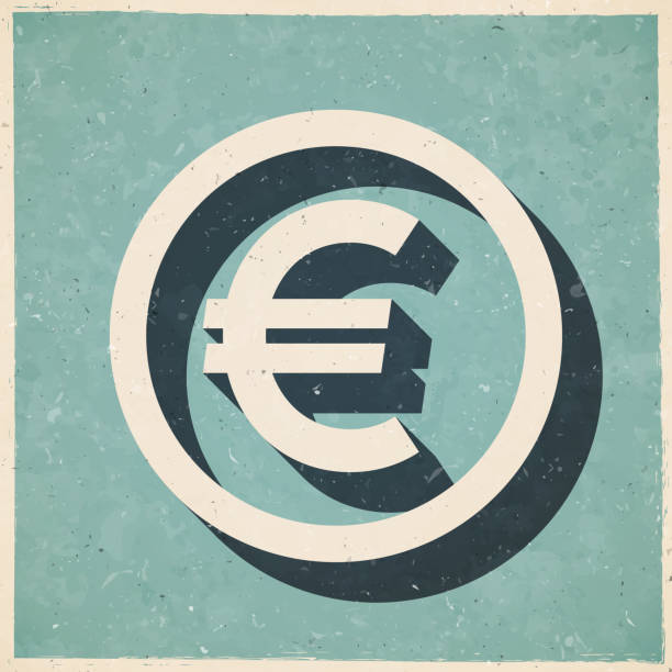 Euro coin. Icon in retro vintage style - Old textured paper Icon of "Euro coin" in a trendy vintage style. Beautiful retro illustration with old textured paper and a black long shadow (colors used: blue, green, beige and black). Vector Illustration (EPS file, well layered and grouped). Easy to edit, manipulate, resize or colorize. Vector and Jpeg file of different sizes. background of a euro coins stock illustrations
