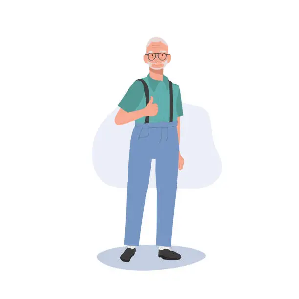 Vector illustration of Happy Elderly Man Giving a Thumb Up. Senior Man Showing Approval with Thumb Up Gesture.