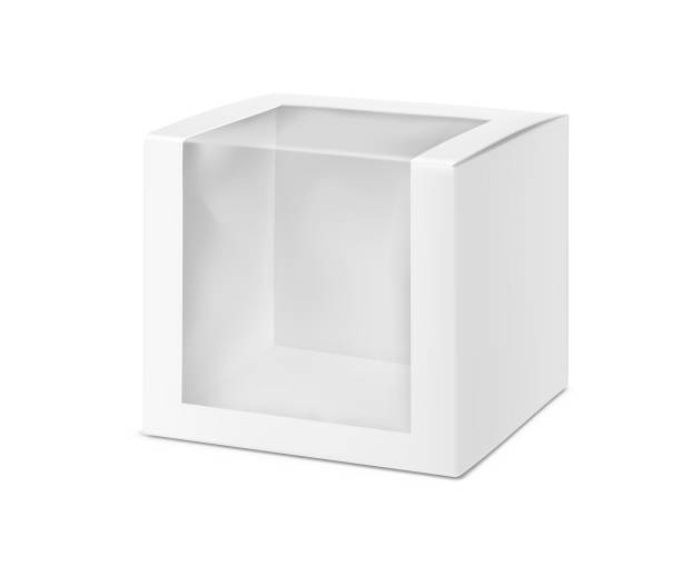 kwadratowe prostokątne pudełko z przezroczystą makietą okna. - cardboard box white background paper closed stock illustrations