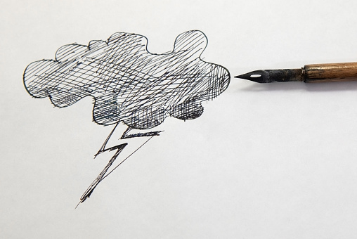 A pen is drawing a black cloud and lightning with ink