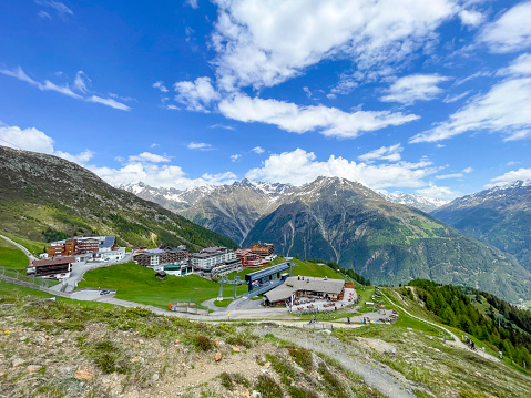 Hochsölden ski resort seen from above in the Tyroler Alps in Austria during beautiful springtime day.