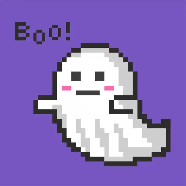 Vector illustration of Ghost Halloween pixel art. Boo cute  spirit 8 bit style on purple background