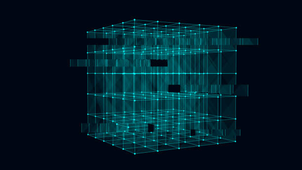 Abstract sci-fi cube with particle and line. Vector technology network connection on world. Global digital connections ai. Wireframe cube. Blockchain encryption. Abstract blue sci-fi cube with particle and line. Vector technology network connection on world. Global digital connections ai. Wireframe cube. Blockchain encryption. wire frame model stock illustrations